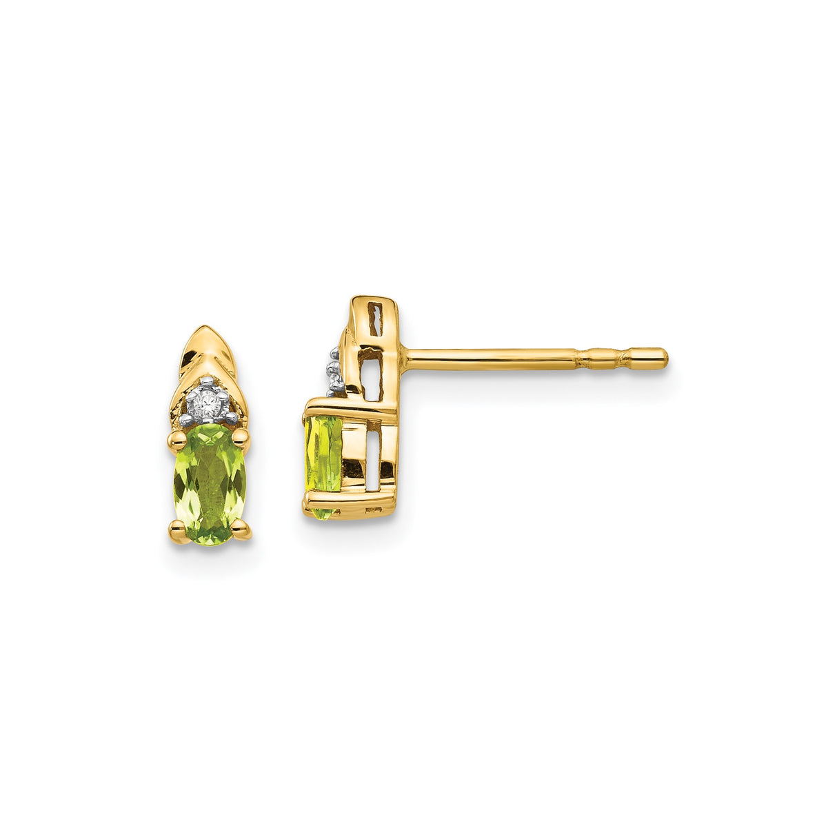 14k Yellow Gold Stud Earrings with Oval Peridot and Diamond Accents, August Birthstone Jewelry