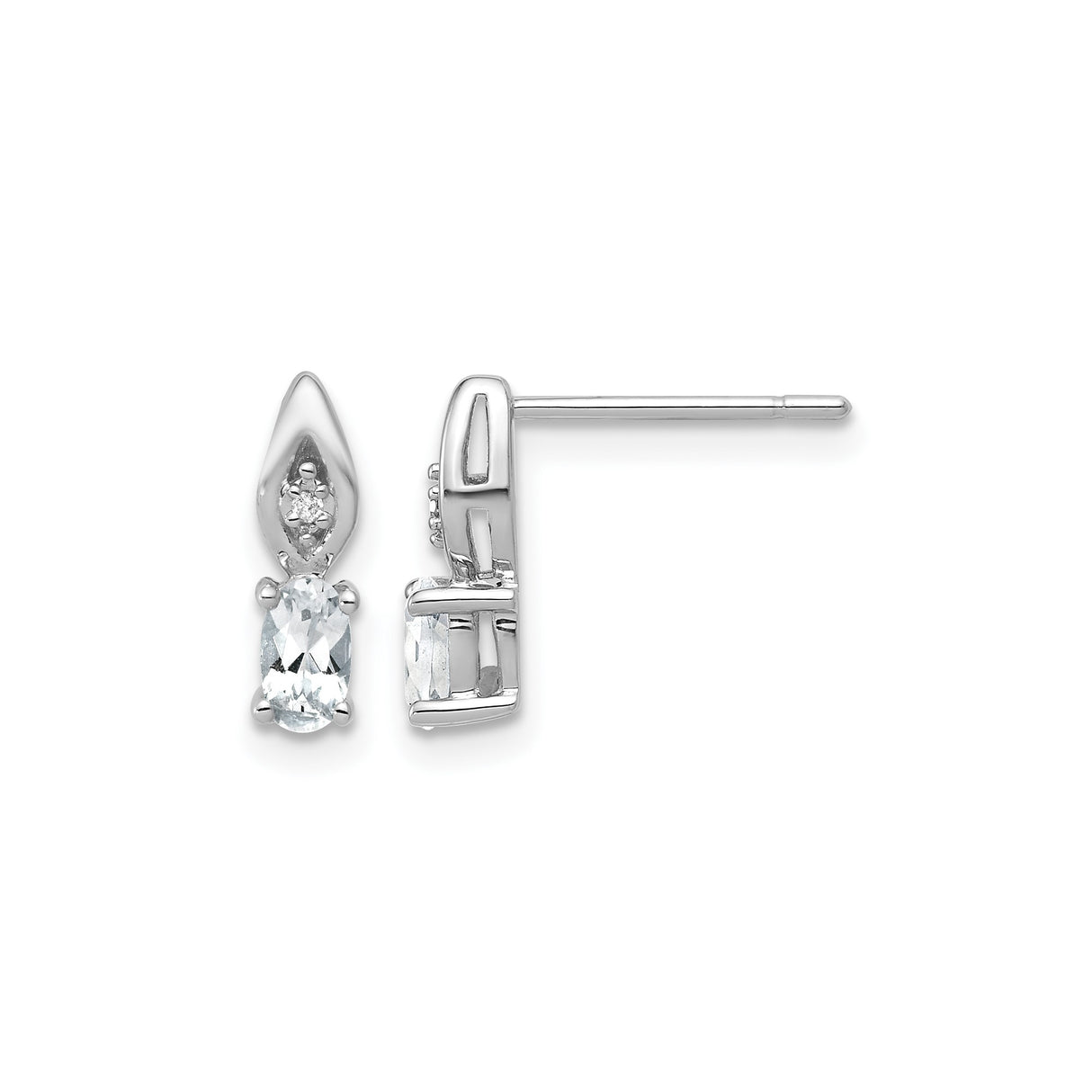 14k White Gold Stud Earrings with White Topaz and Diamond, Marquise and Oval Design