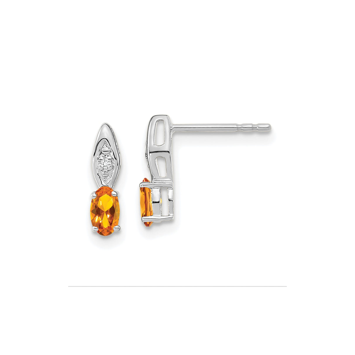 14k White Gold Earrings with Oval Citrine, Diamond Accent, Marquise Stud Drop Design