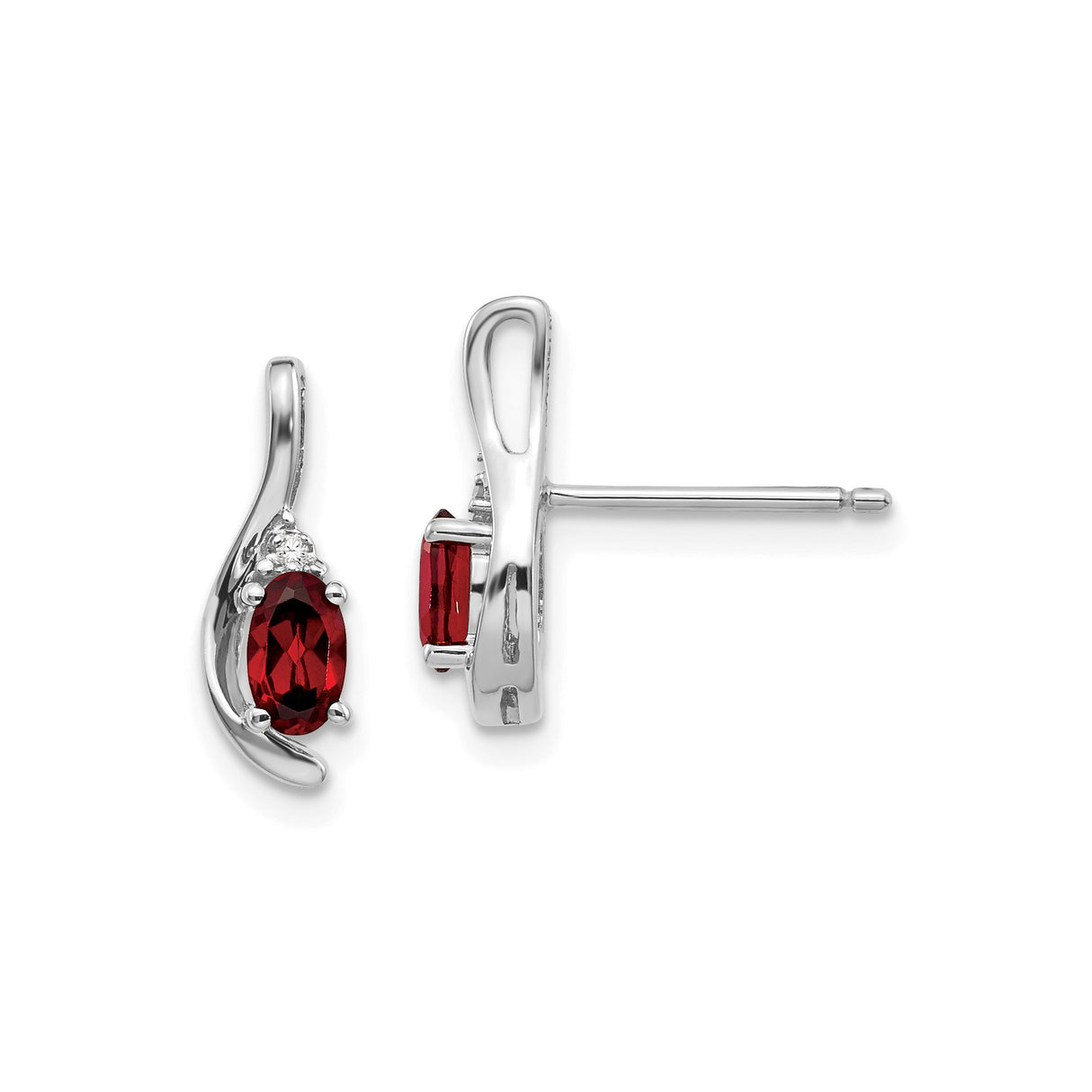 14k White Gold Garnet and Diamond Accent Stud Earrings, Marquise Cut Swirl Design