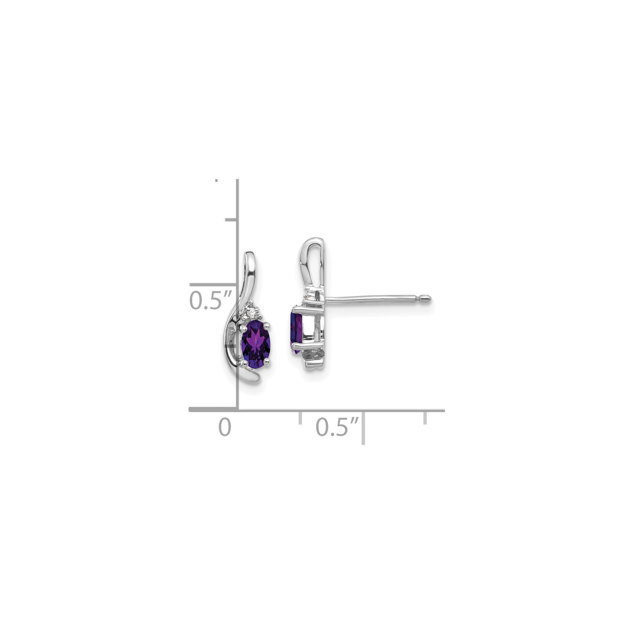 14k White Gold Amethyst Stud Earrings with Diamond Accents, Swirl Design