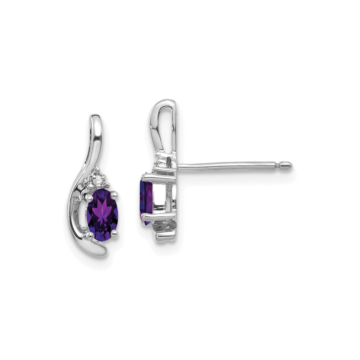 14k White Gold Amethyst Stud Earrings with Diamond Accents, Swirl Design