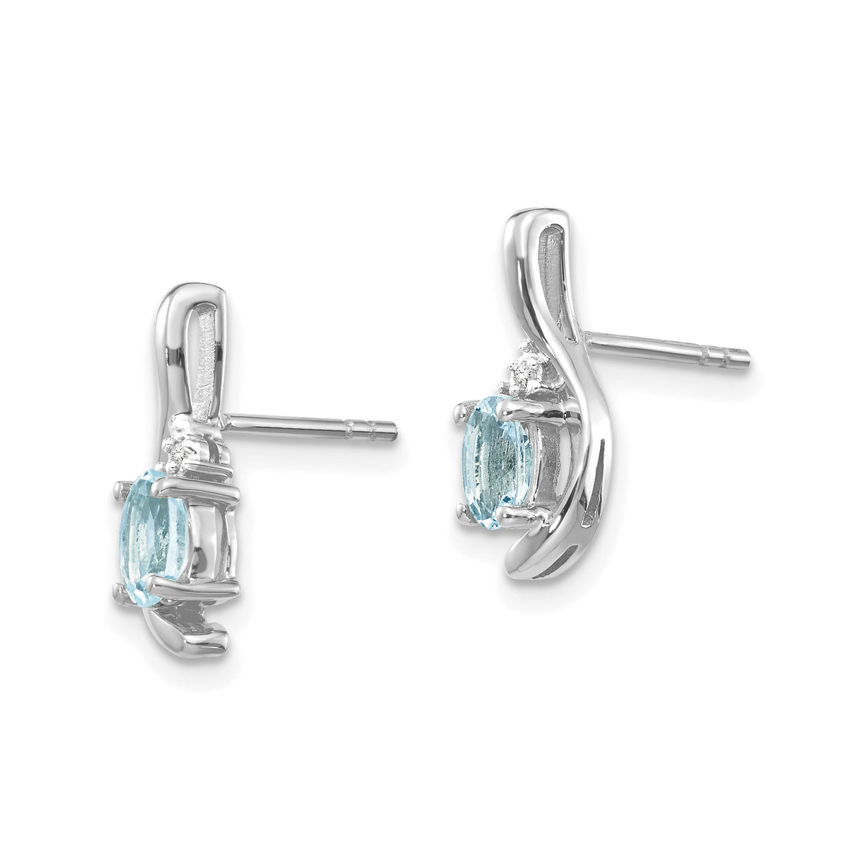 14k White Gold Stud Earrings with Oval Aquamarine and Diamond Accents, Modern Curved Design