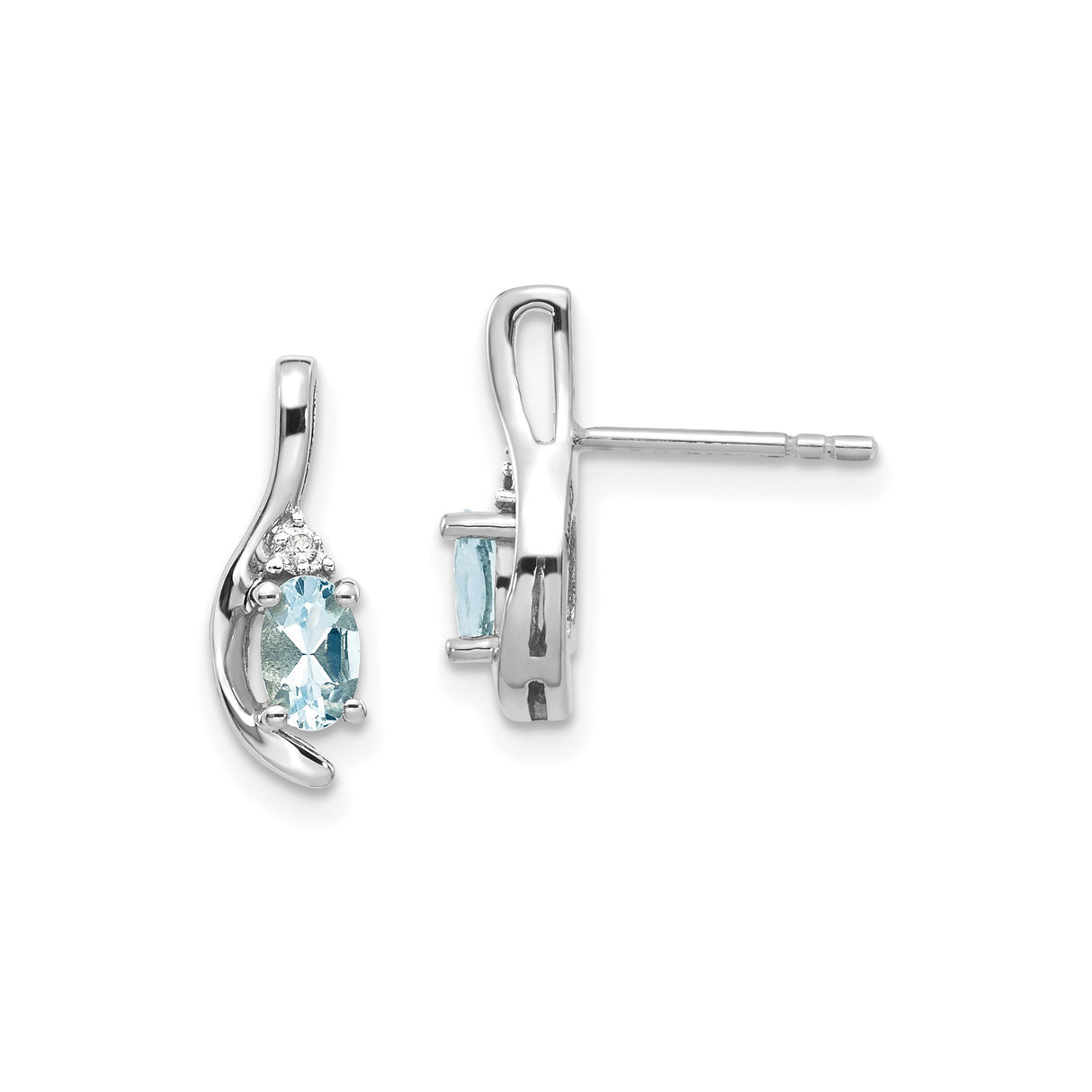 14k White Gold Stud Earrings with Oval Aquamarine and Diamond Accents, Modern Curved Design