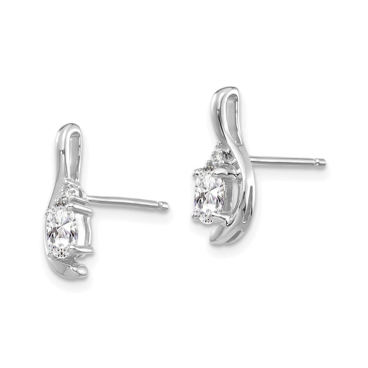 14k White Gold Stud Earrings with Marquise White Topaz and Diamond Accents, Curved Modern Design