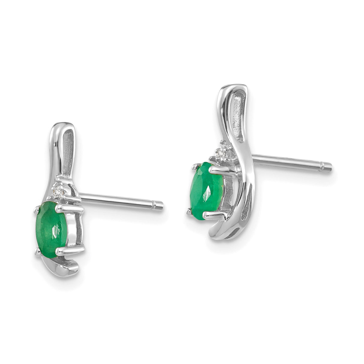 14k White Gold Stud Earrings with Oval Emeralds and Round Diamonds in Swirl Setting
