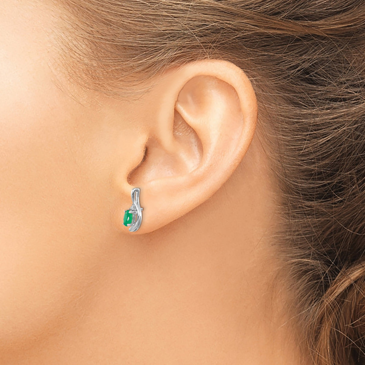14k White Gold Stud Earrings with Oval Emeralds and Round Diamonds in Swirl Setting