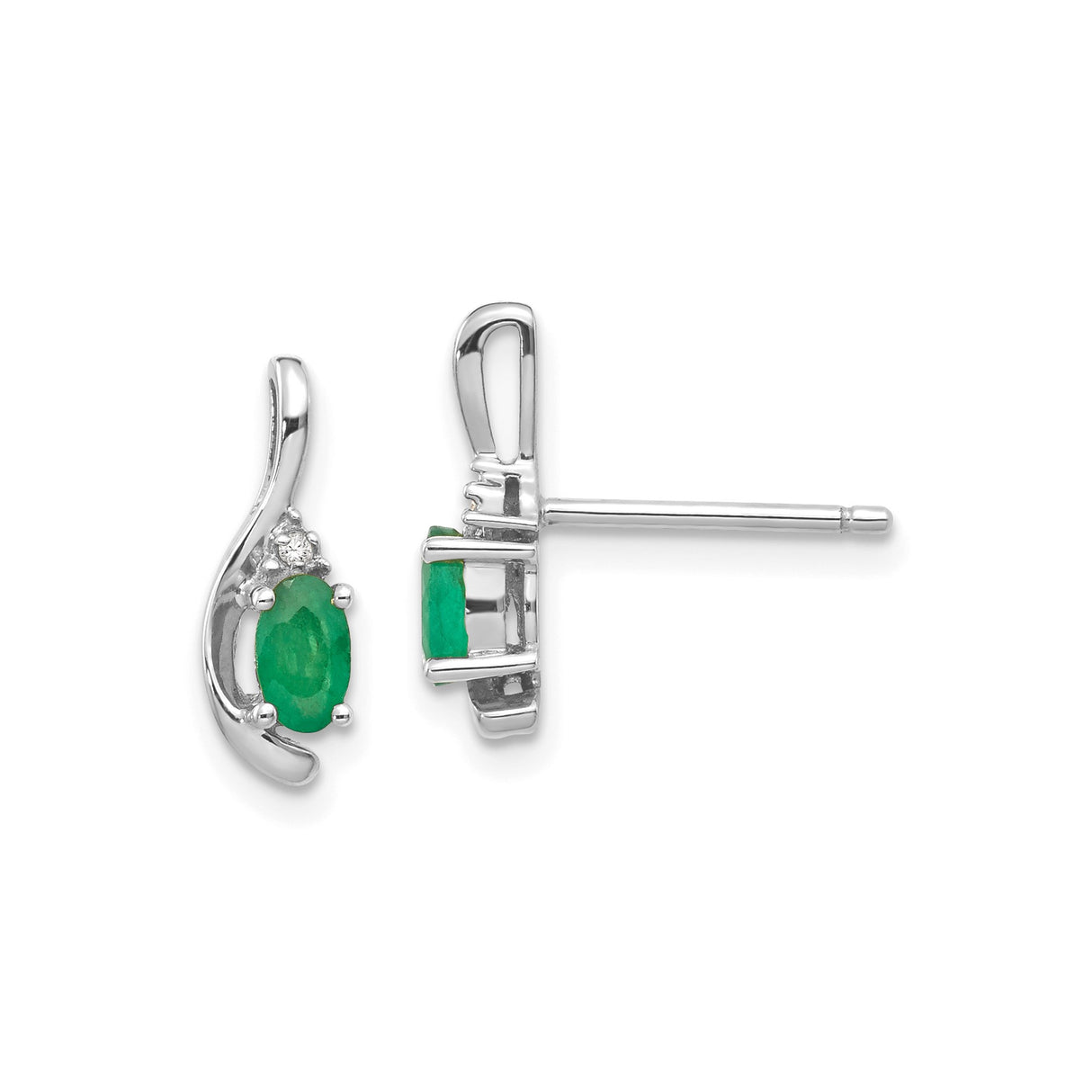 14k White Gold Stud Earrings with Oval Emeralds and Round Diamonds in Swirl Setting