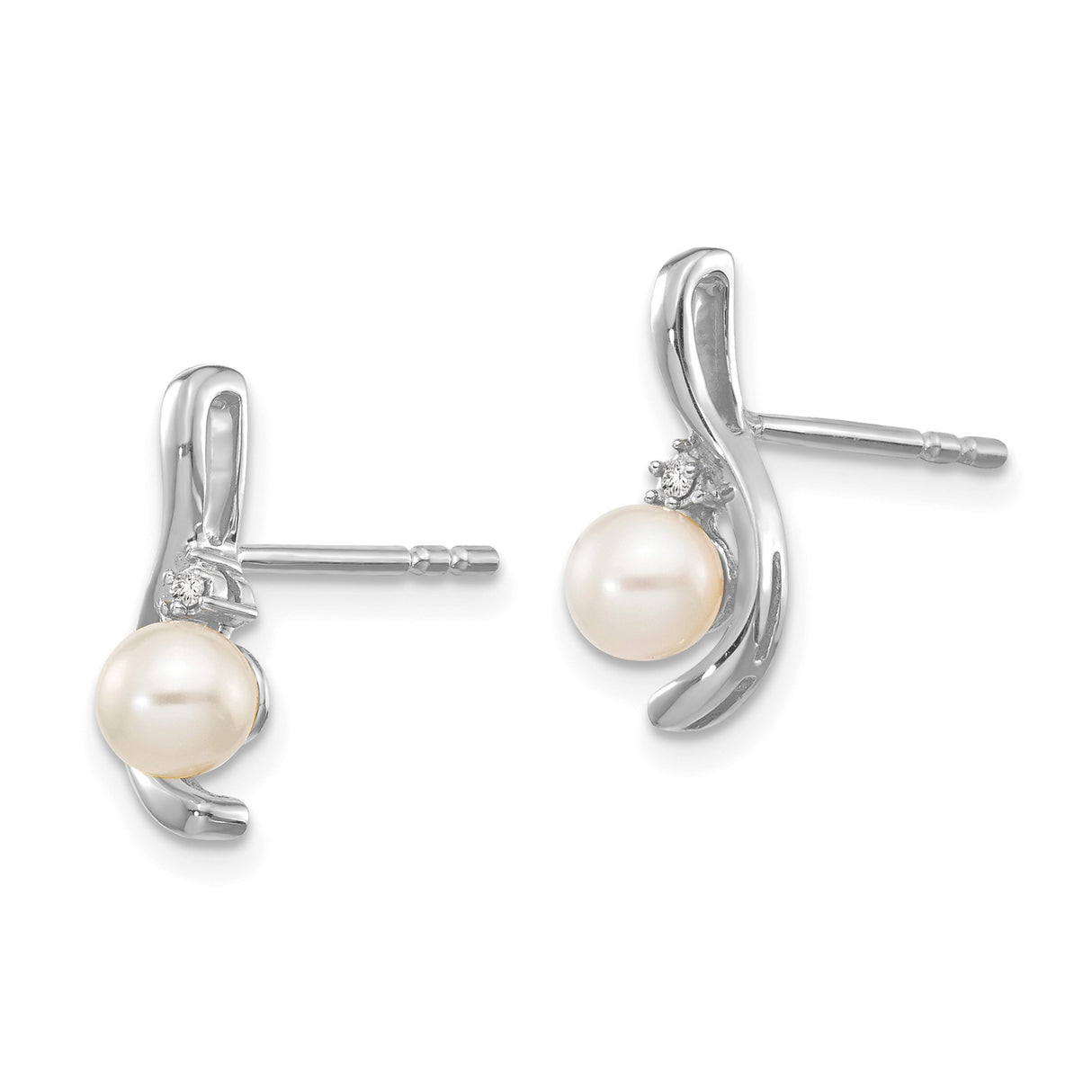 14k White Gold Stud Earrings with Freshwater Pearls and Diamond Accents, Curved Modern Design