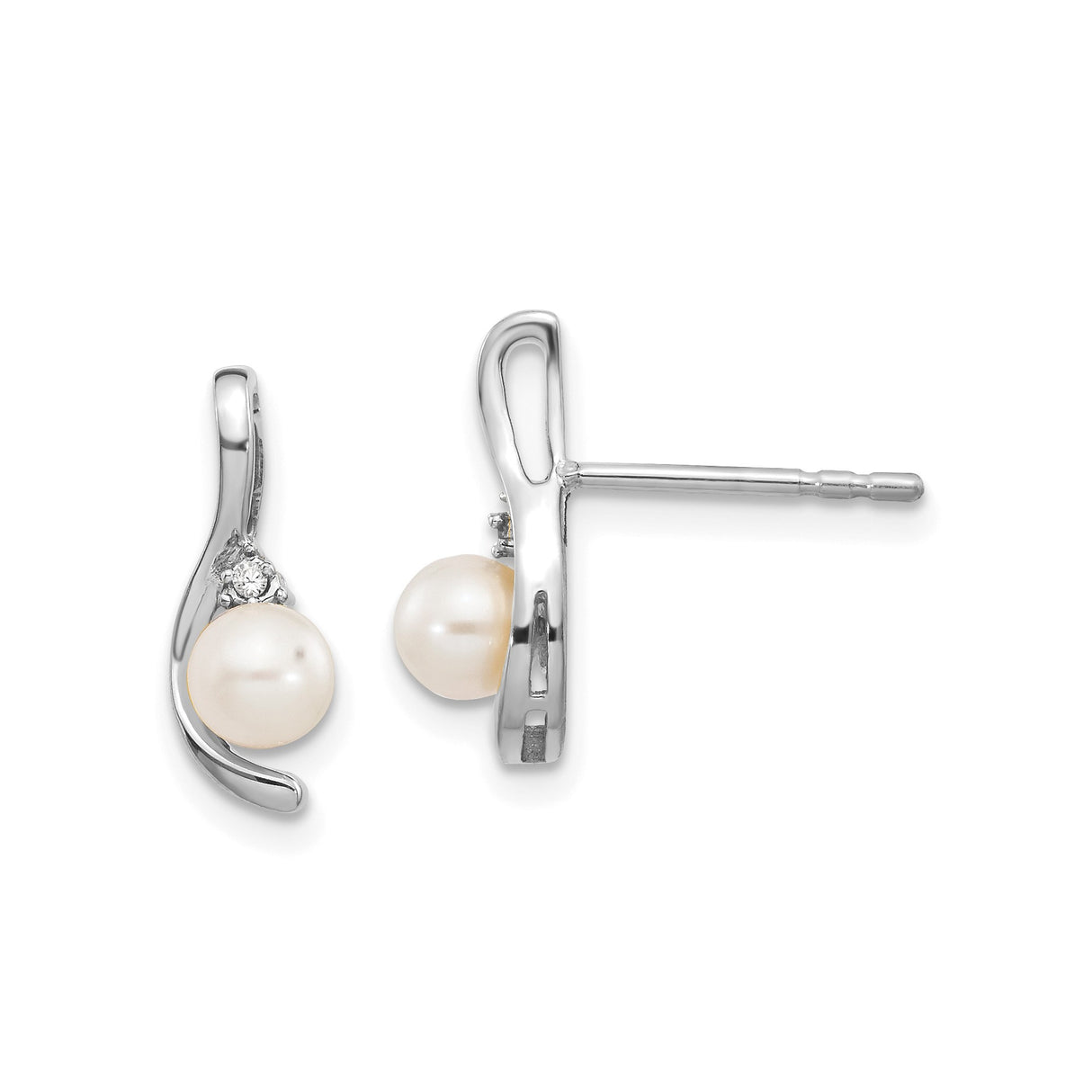 14k White Gold Stud Earrings with Freshwater Pearls and Diamond Accents, Curved Modern Design