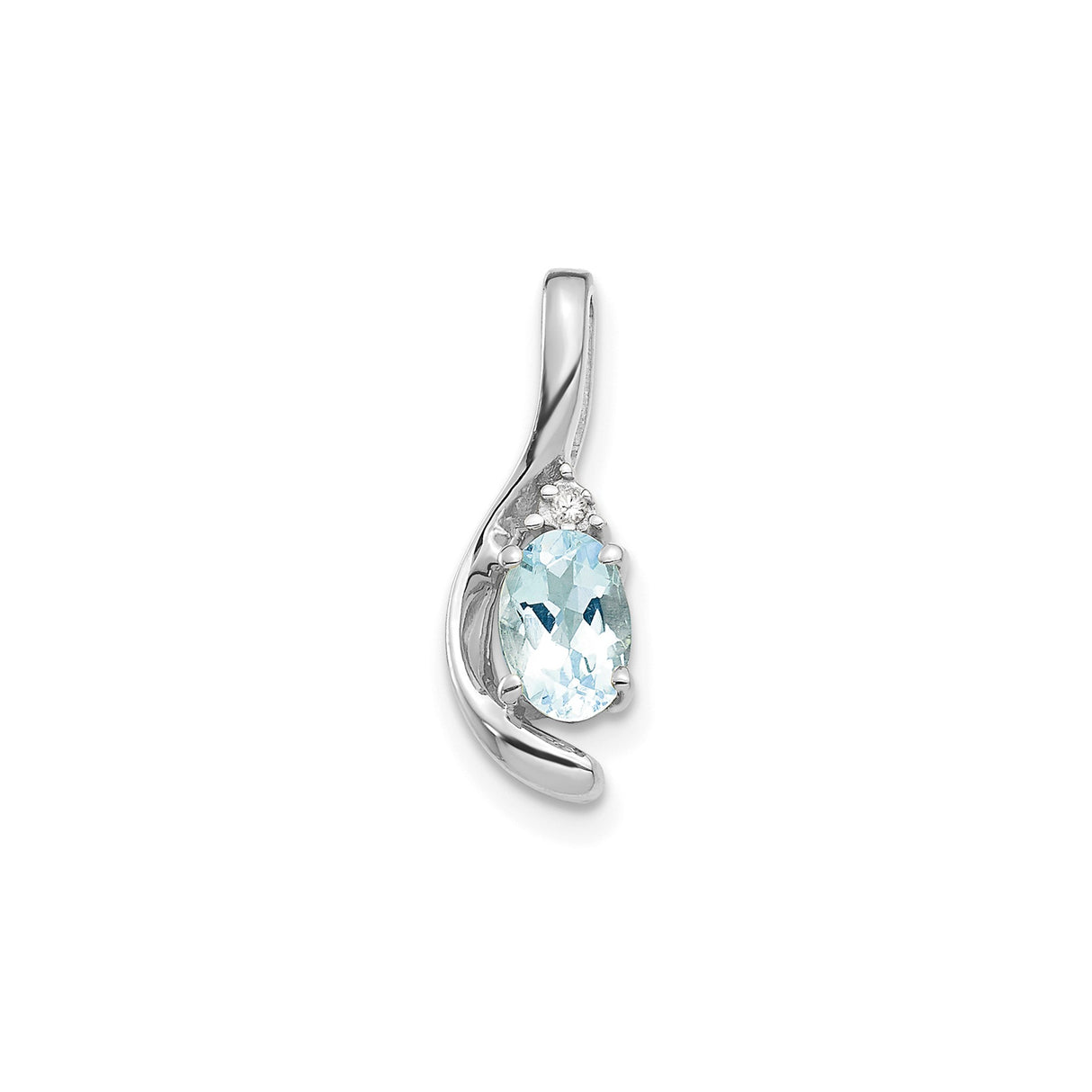 14k White Gold Pendant with Oval Aquamarine and Diamond Accent, Modern Wave Design