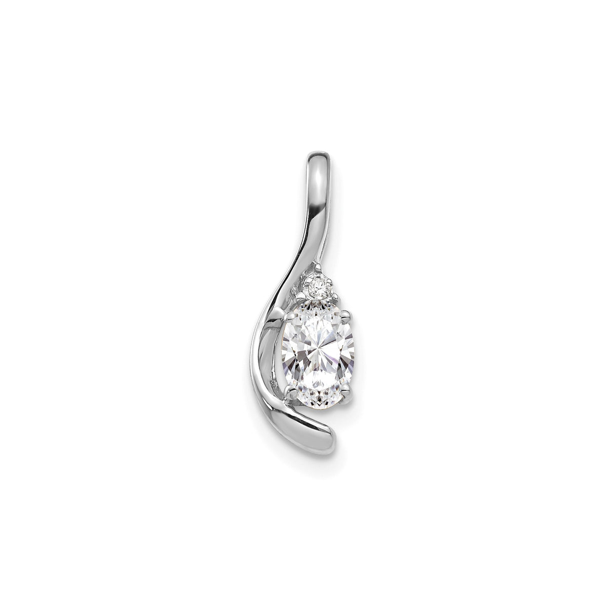 14k White Gold Pendant with Oval Cubic Zirconia and Diamond Accents in Modern Swooping Design