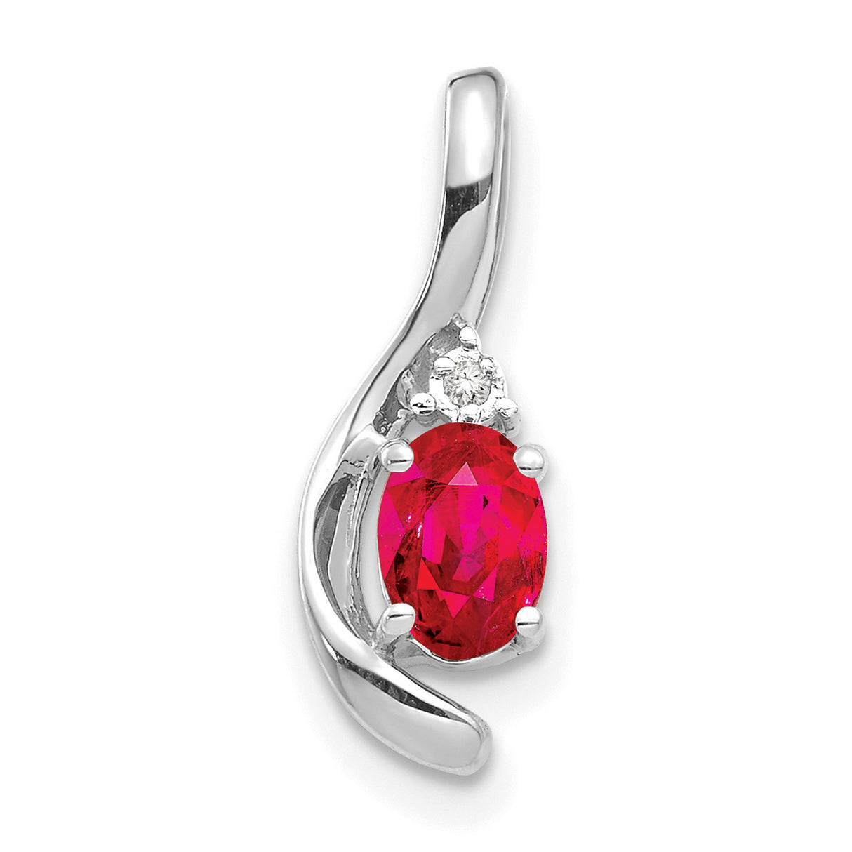 14k White Gold Pendant with Oval Ruby and Diamond Accent, Modern Swirl Design