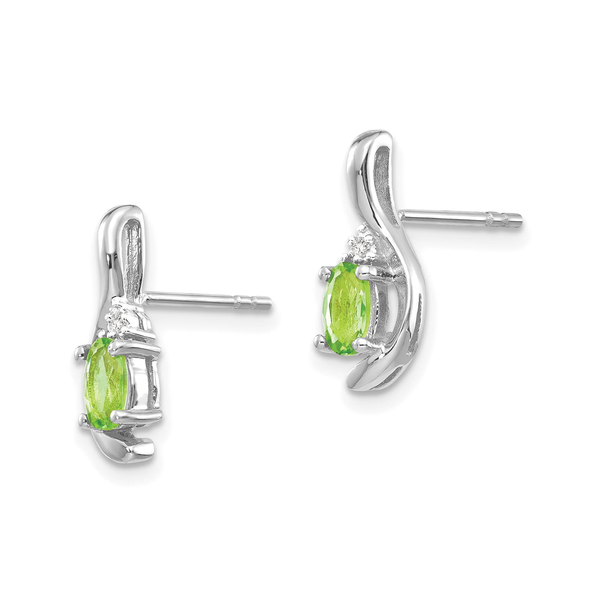 14k White Gold Peridot Stud Earrings with Diamond Accents, Modern Swirl Design