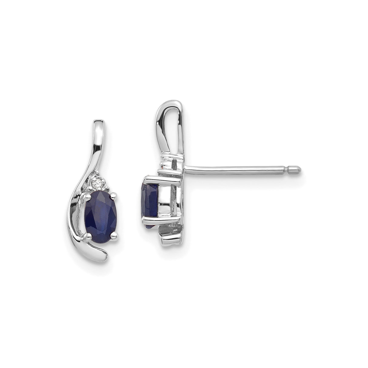 14k White Gold Drop Earrings with Dark Blue Sapphires and Diamond Accents in Swirl Design