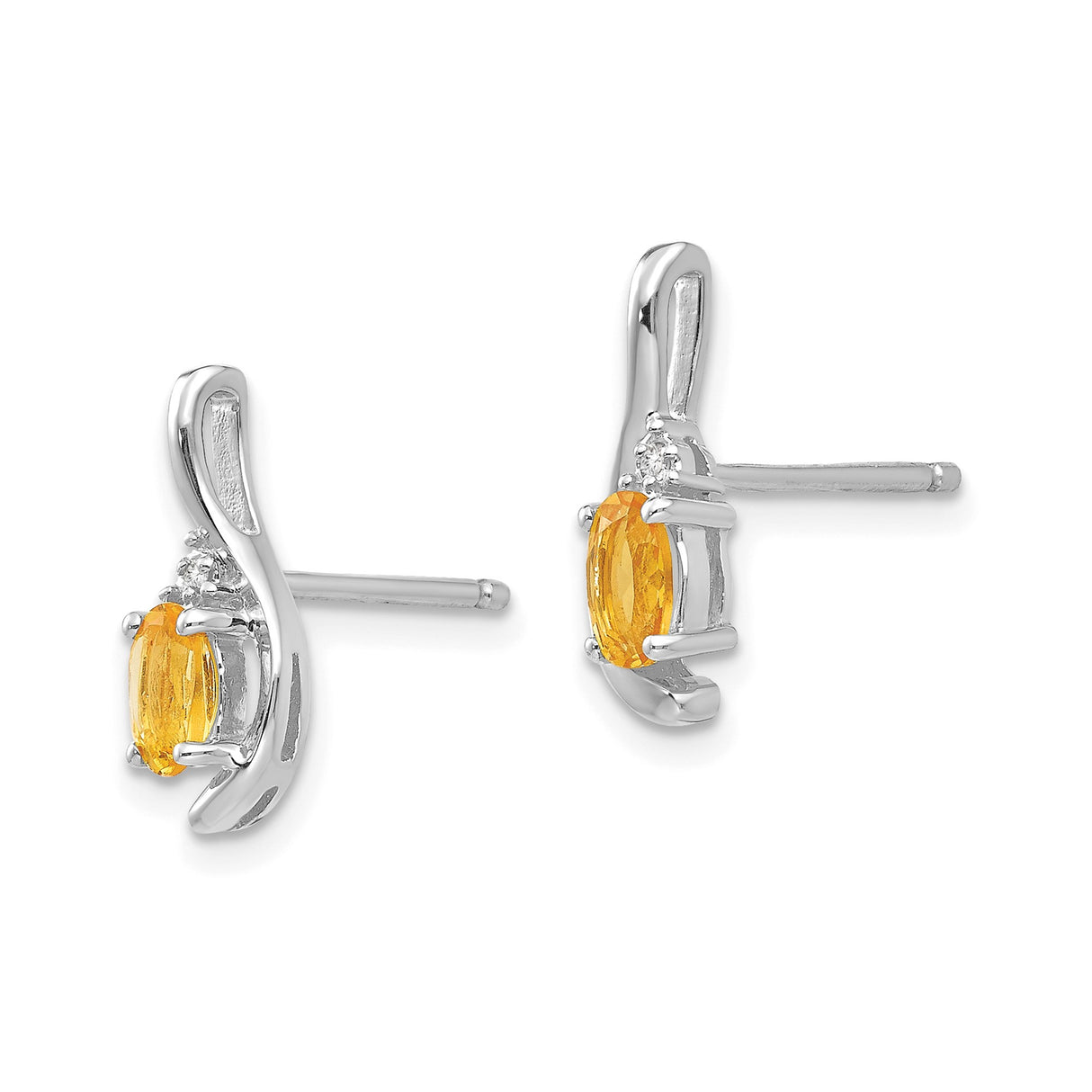 14k White Gold Citrine Stud Earrings with Diamond Accents in Swirl Setting