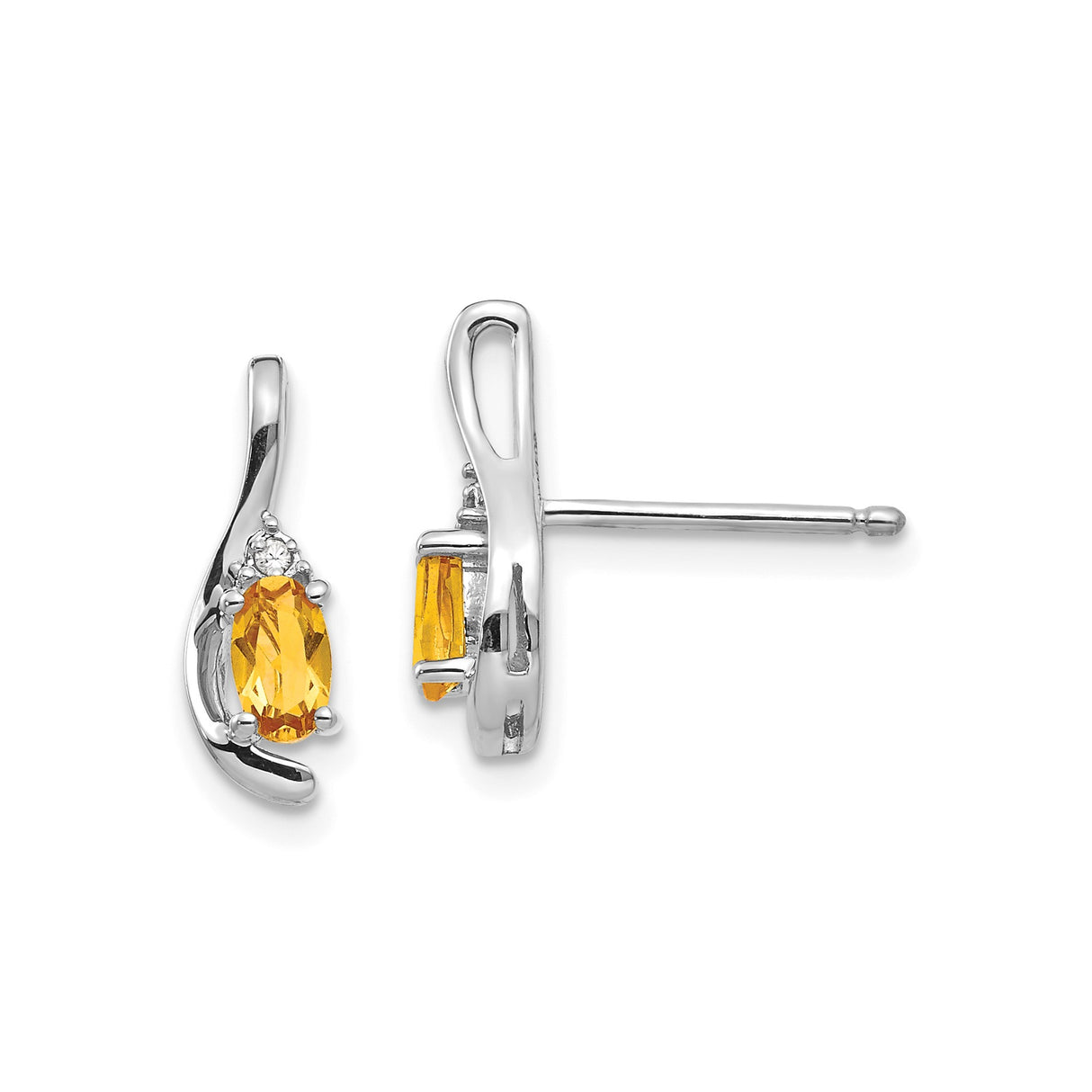 14k White Gold Citrine Stud Earrings with Diamond Accents in Swirl Setting
