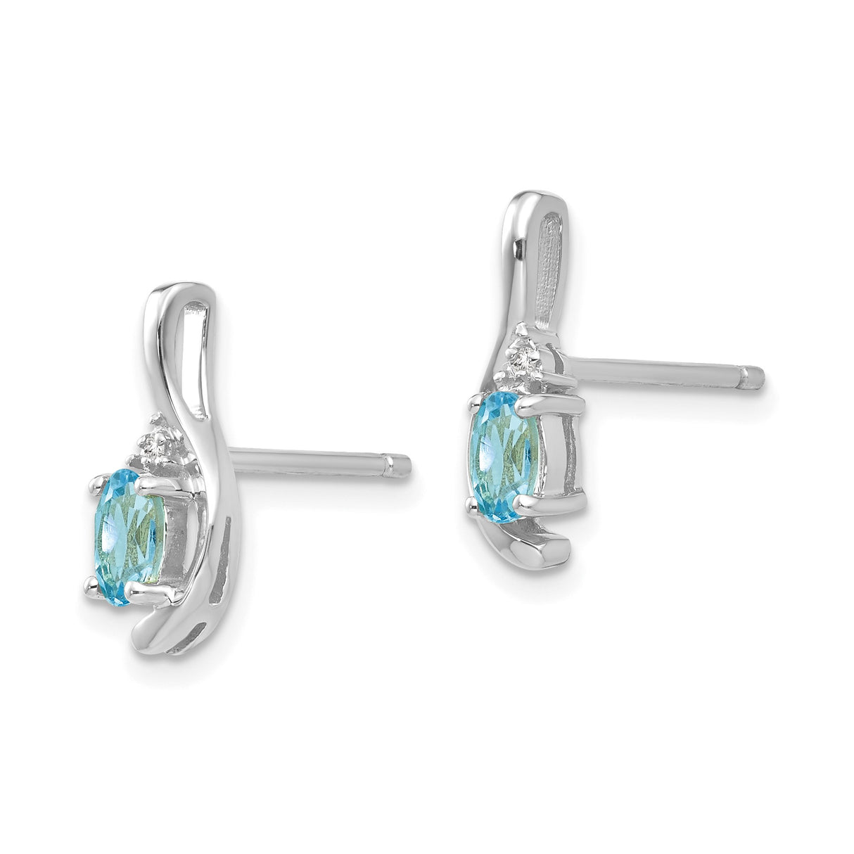 14k White Gold Stud Earrings with Swiss Blue Topaz and Diamond Accents, Oval Cut Modern Design