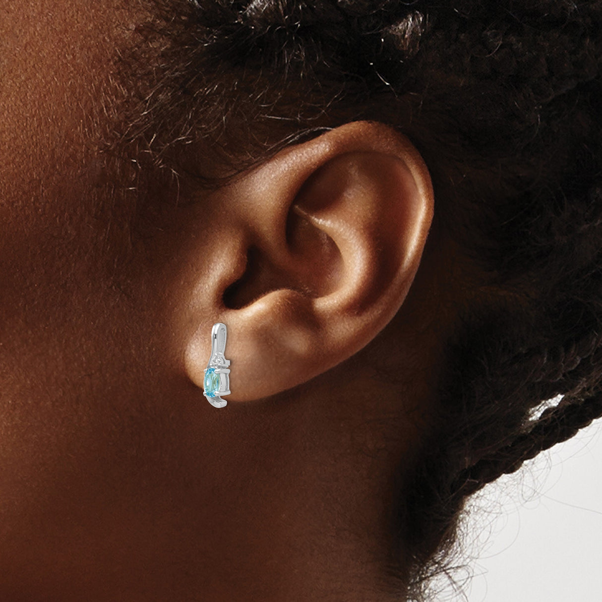 14k White Gold Stud Earrings with Swiss Blue Topaz and Diamond Accents, Oval Cut Modern Design