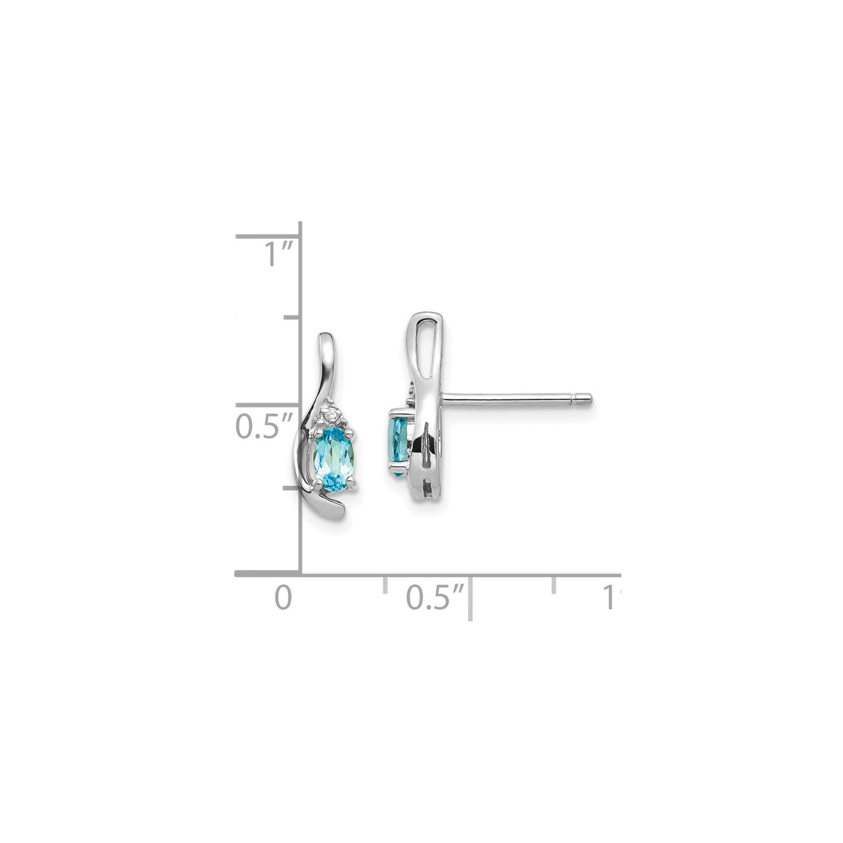 14k White Gold Stud Earrings with Swiss Blue Topaz and Diamond Accents, Oval Cut Modern Design