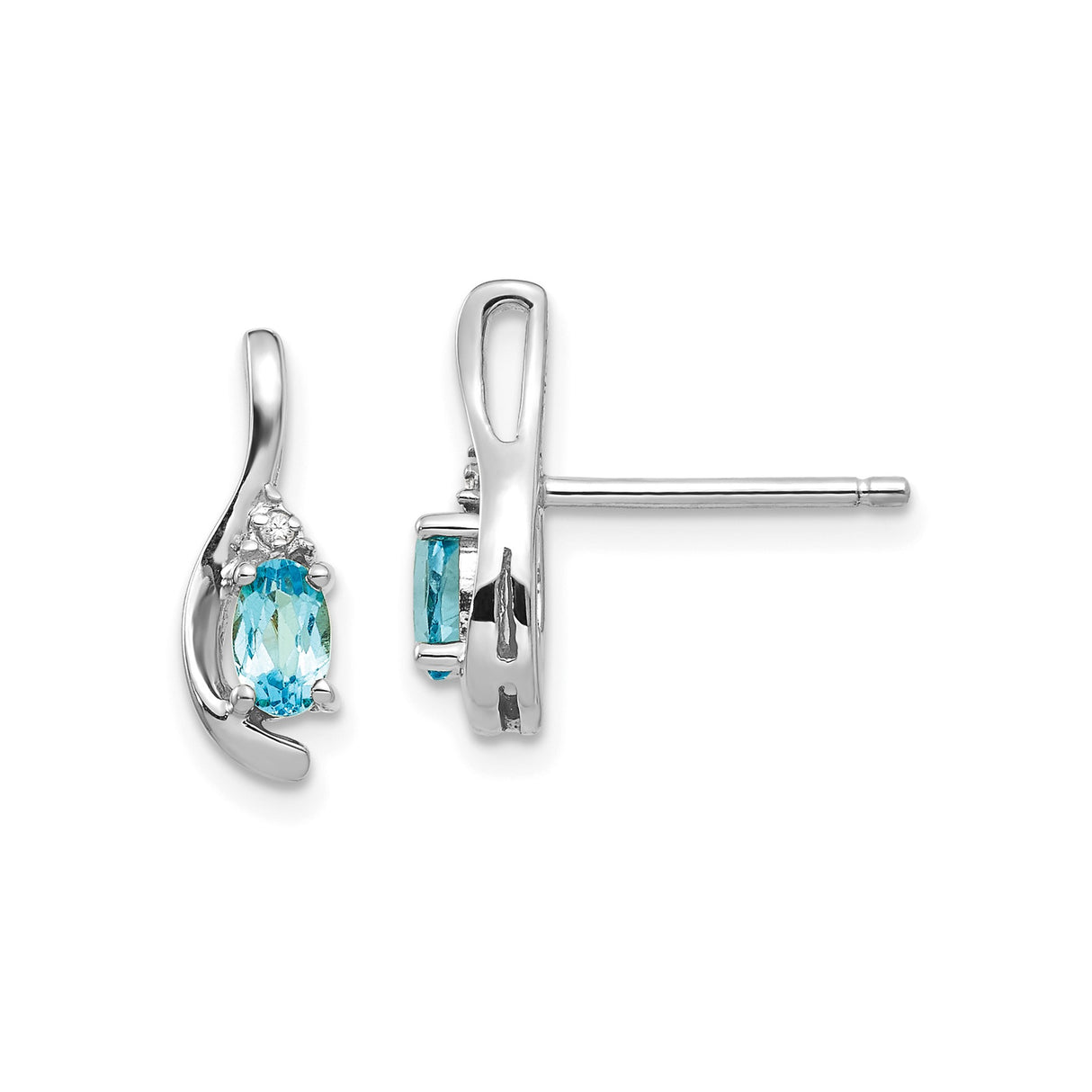 14k White Gold Stud Earrings with Swiss Blue Topaz and Diamond Accents, Oval Cut Modern Design
