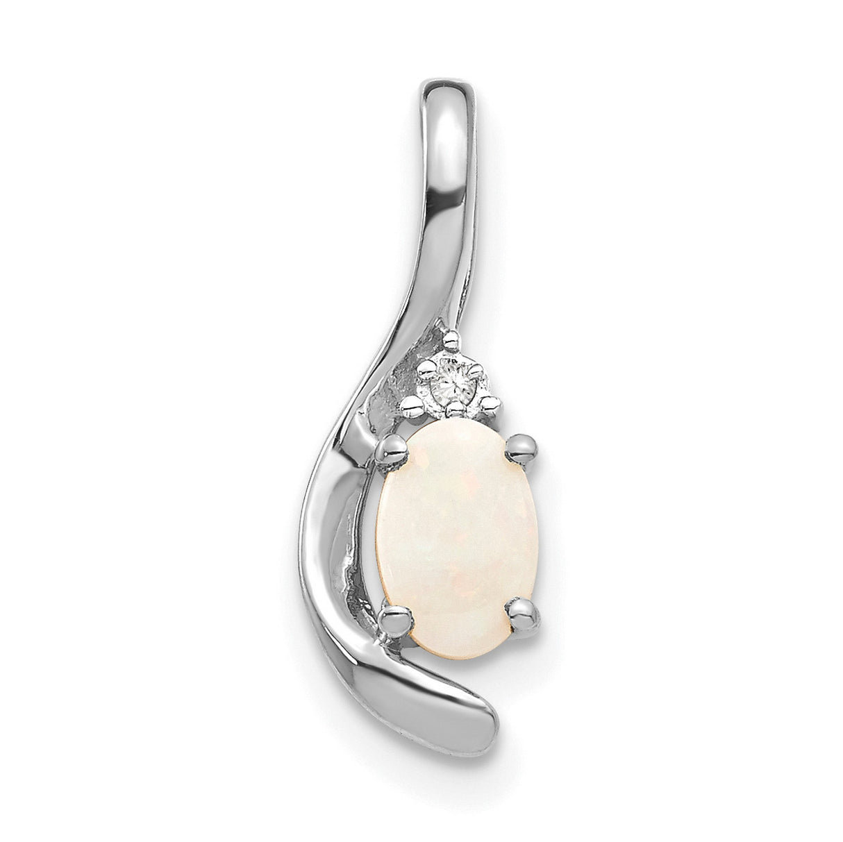 14k White Gold Pendant with Oval Opal and Diamond Accent, Curved Minimalist Design for Women