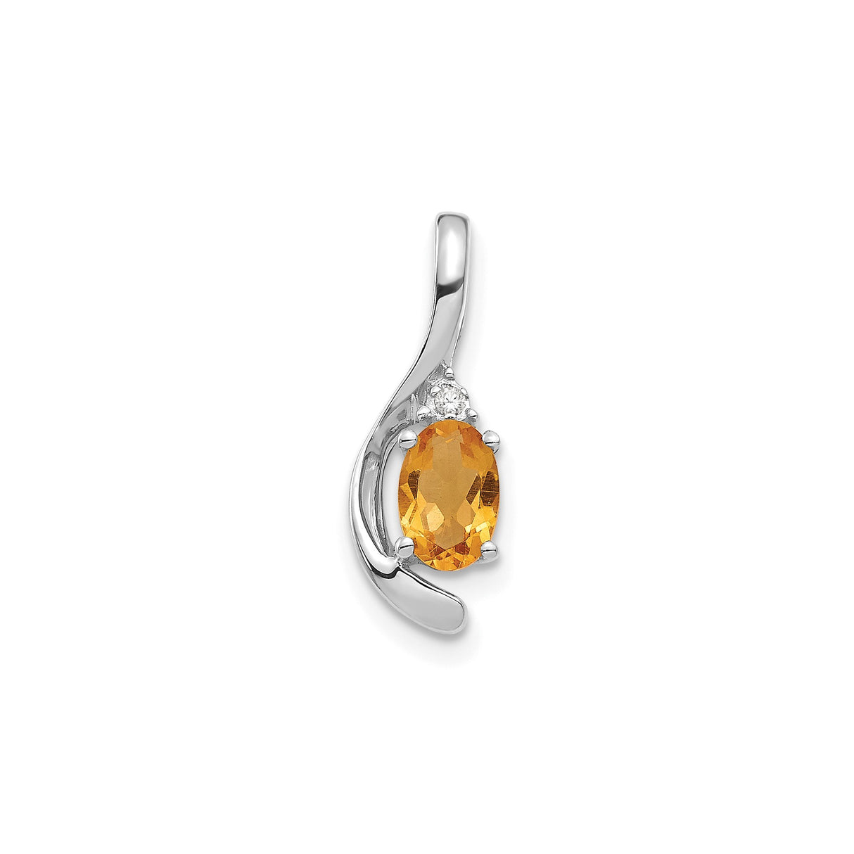 14k White Gold Pendant with Oval Citrine and Diamond Accent in Swirl Design