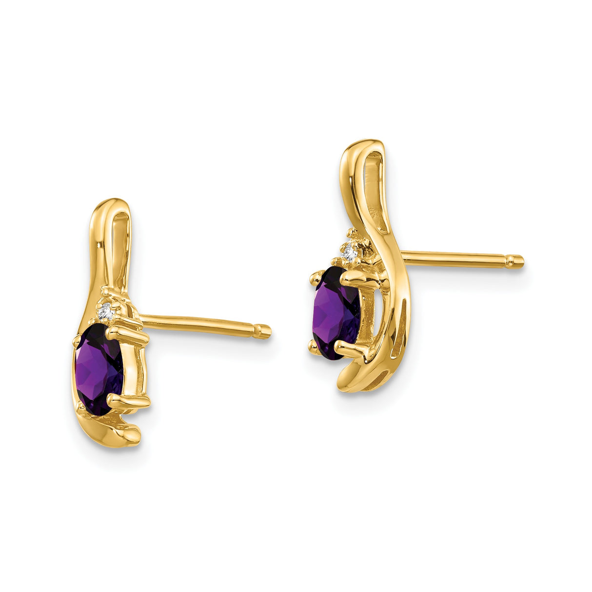 14k Yellow Gold Stud Earrings with Oval-Cut Amethyst and Diamond Accents, Modern Curved Design
