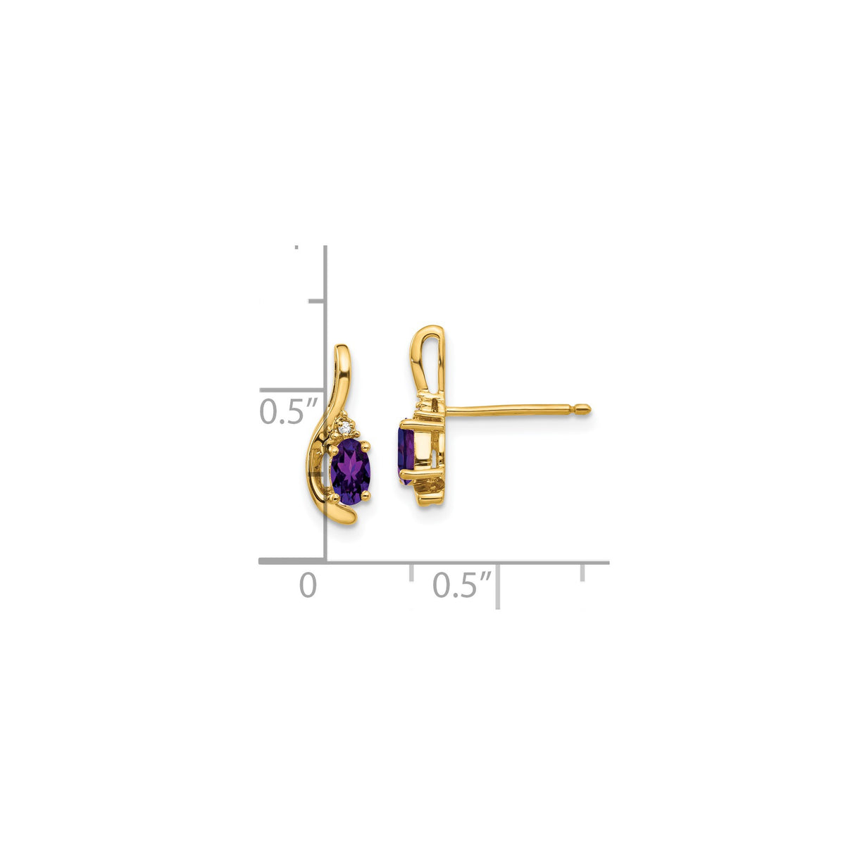 14k Yellow Gold Stud Earrings with Oval-Cut Amethyst and Diamond Accents, Modern Curved Design