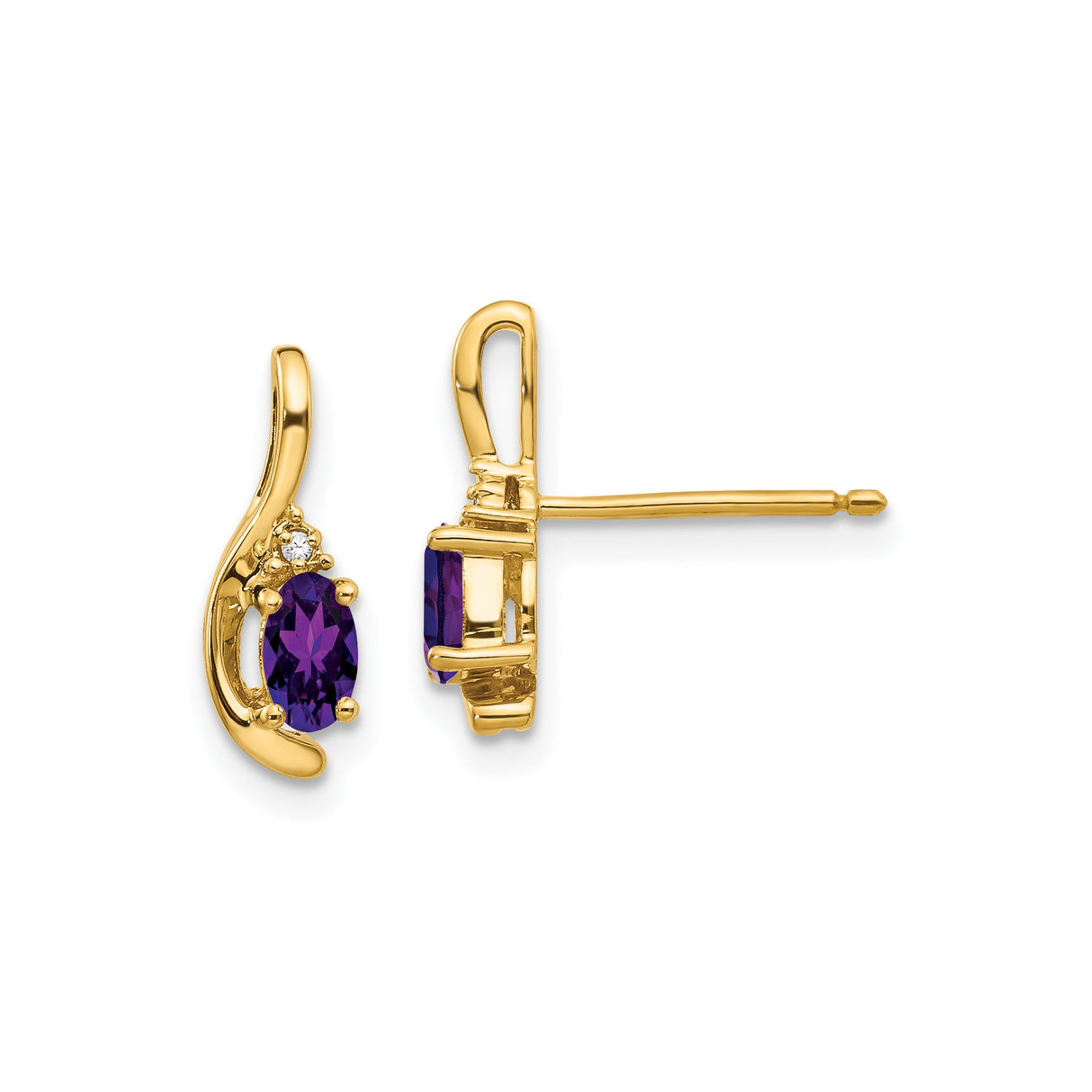 14k Yellow Gold Stud Earrings with Oval-Cut Amethyst and Diamond Accents, Modern Curved Design
