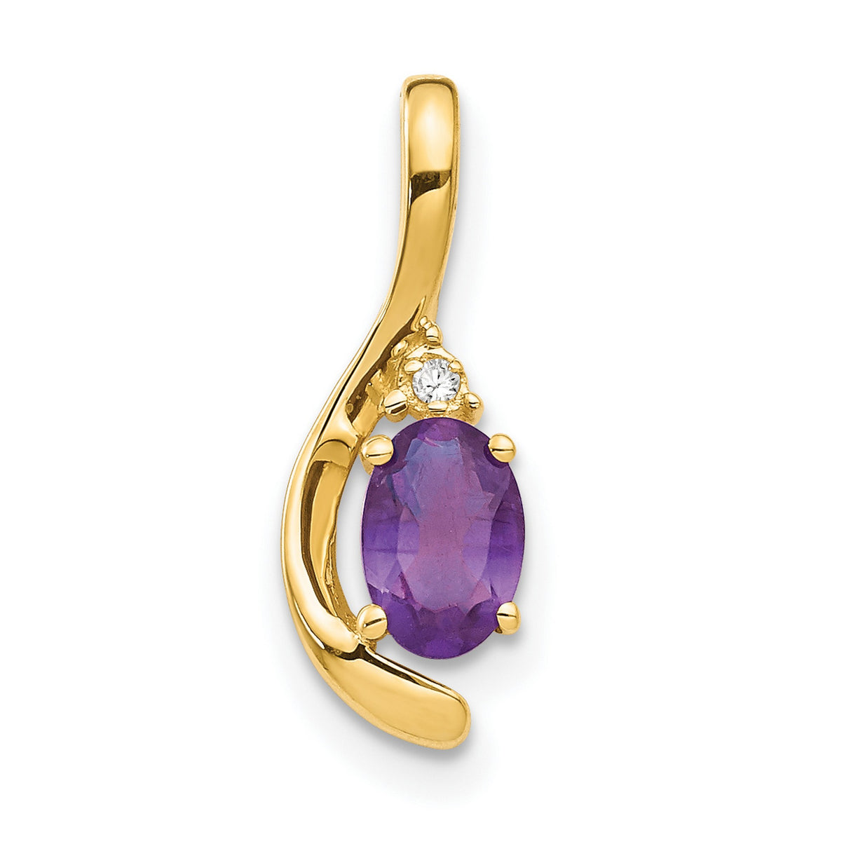 14k Yellow Gold Pendant with Oval-Cut Amethyst and Diamond Accent, Modern Curved Design