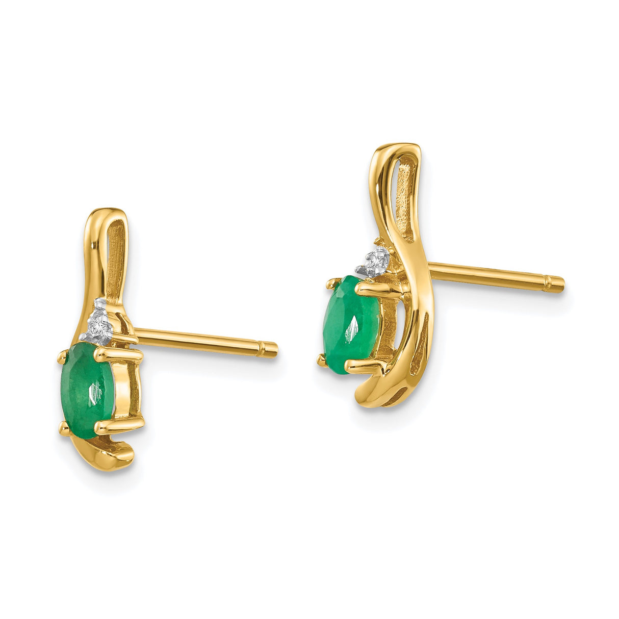 14k Yellow Gold Stud Earrings with Oval Emerald and Diamond Accents in Curved Setting