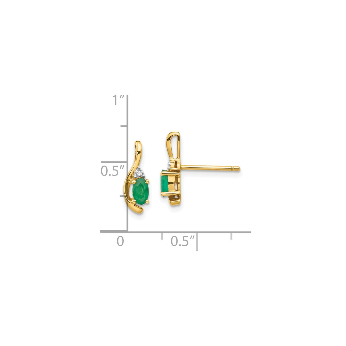 14k Yellow Gold Stud Earrings with Oval Emerald and Diamond Accents in Curved Setting