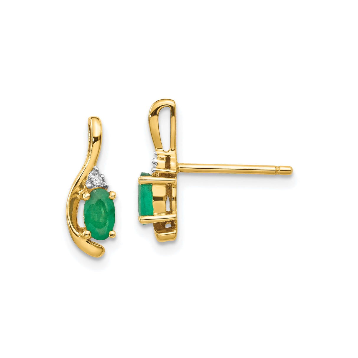 14k Yellow Gold Stud Earrings with Oval Emerald and Diamond Accents in Curved Setting