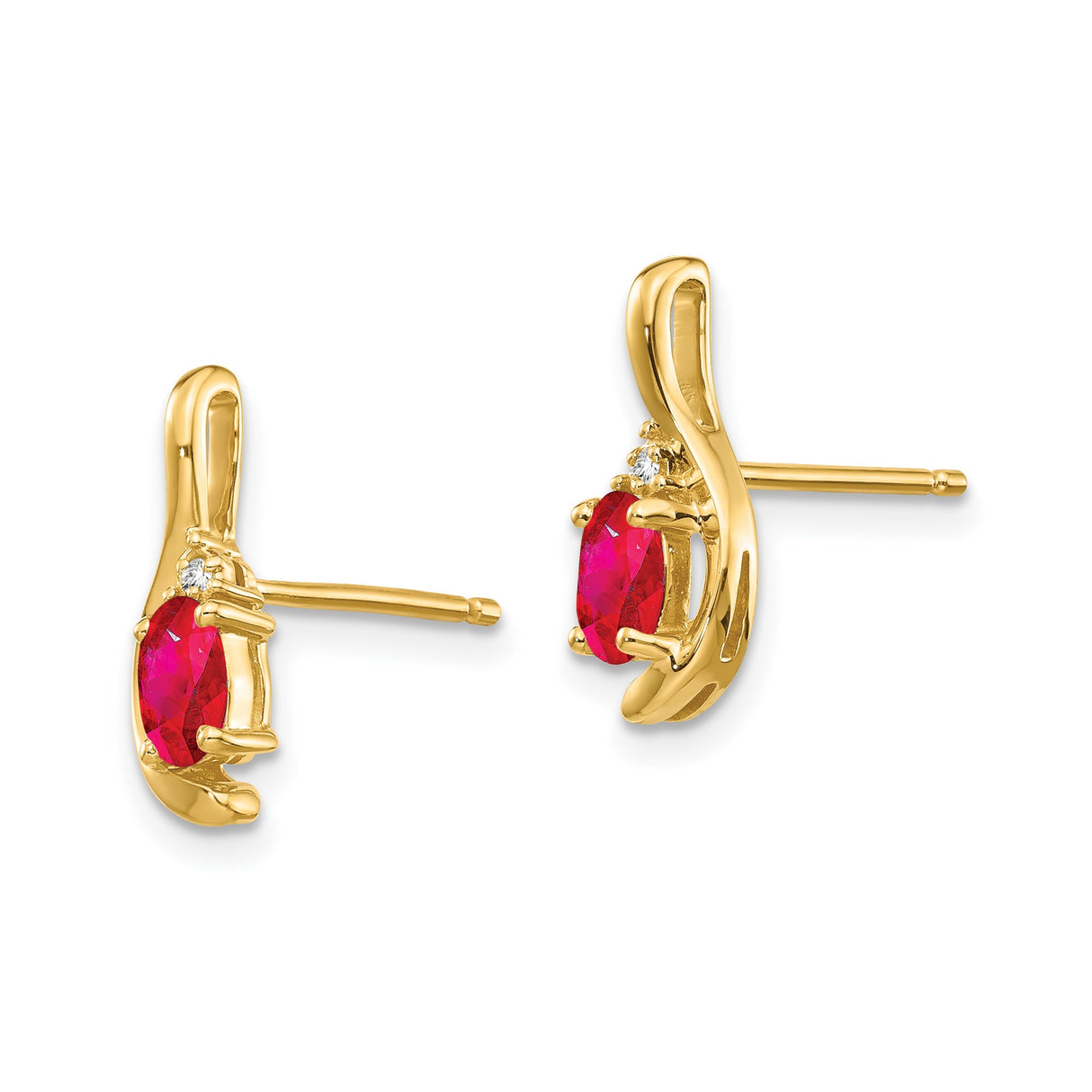 14k Yellow Gold Stud Earrings with Marquise-Cut Ruby and Diamond Accent in Curved Design