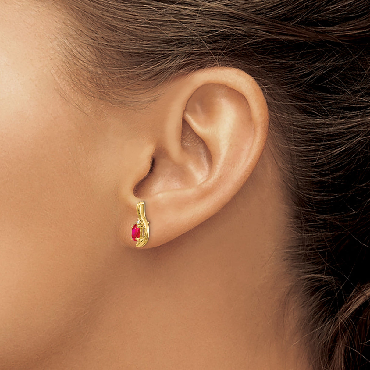 14k Yellow Gold Stud Earrings with Marquise-Cut Ruby and Diamond Accent in Curved Design