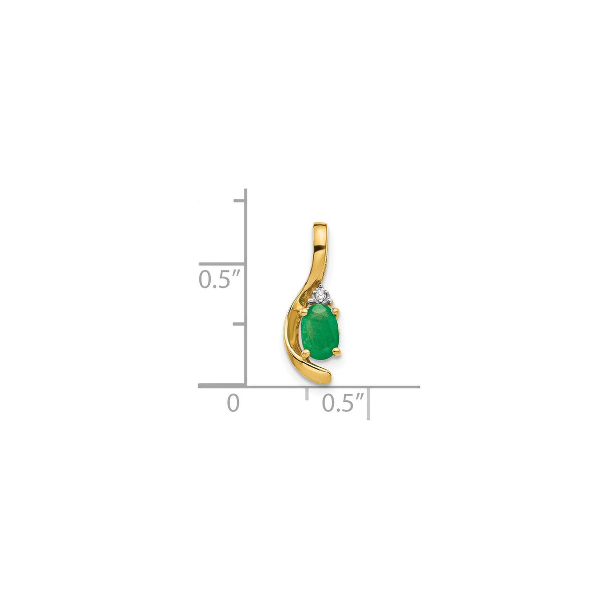 14k Yellow Gold Pendant with Oval Cut Emerald and Diamond Accent, Curved Design