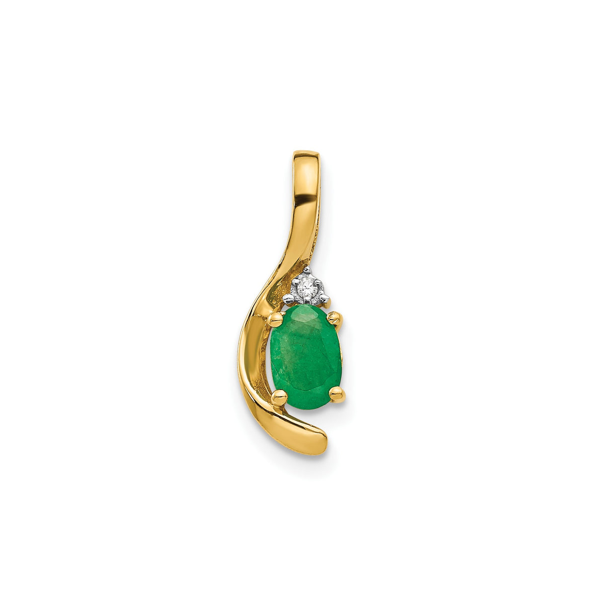 14k Yellow Gold Pendant with Oval Cut Emerald and Diamond Accent, Curved Design