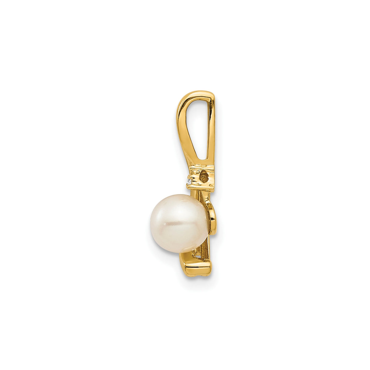 14k Yellow Gold Pendant with Cultured Pearl and Diamond Accent, Modern Curved Design