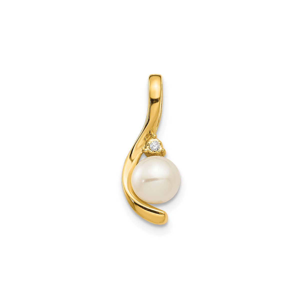14k Yellow Gold Pendant with Cultured Pearl and Diamond Accent, Modern Curved Design