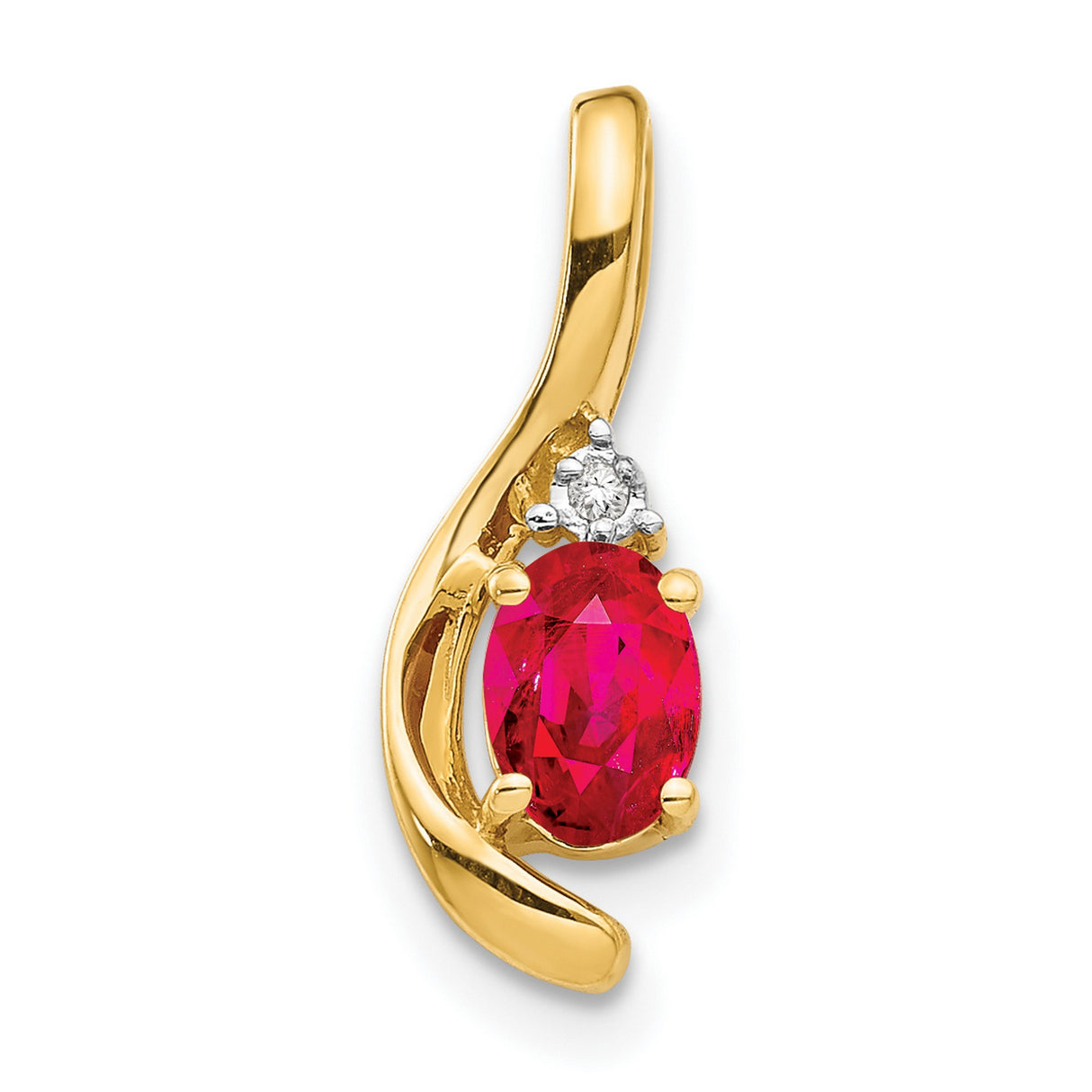 14k Yellow Gold Pendant with Oval Ruby and Diamond Accent, Flowing Modern Design for Women