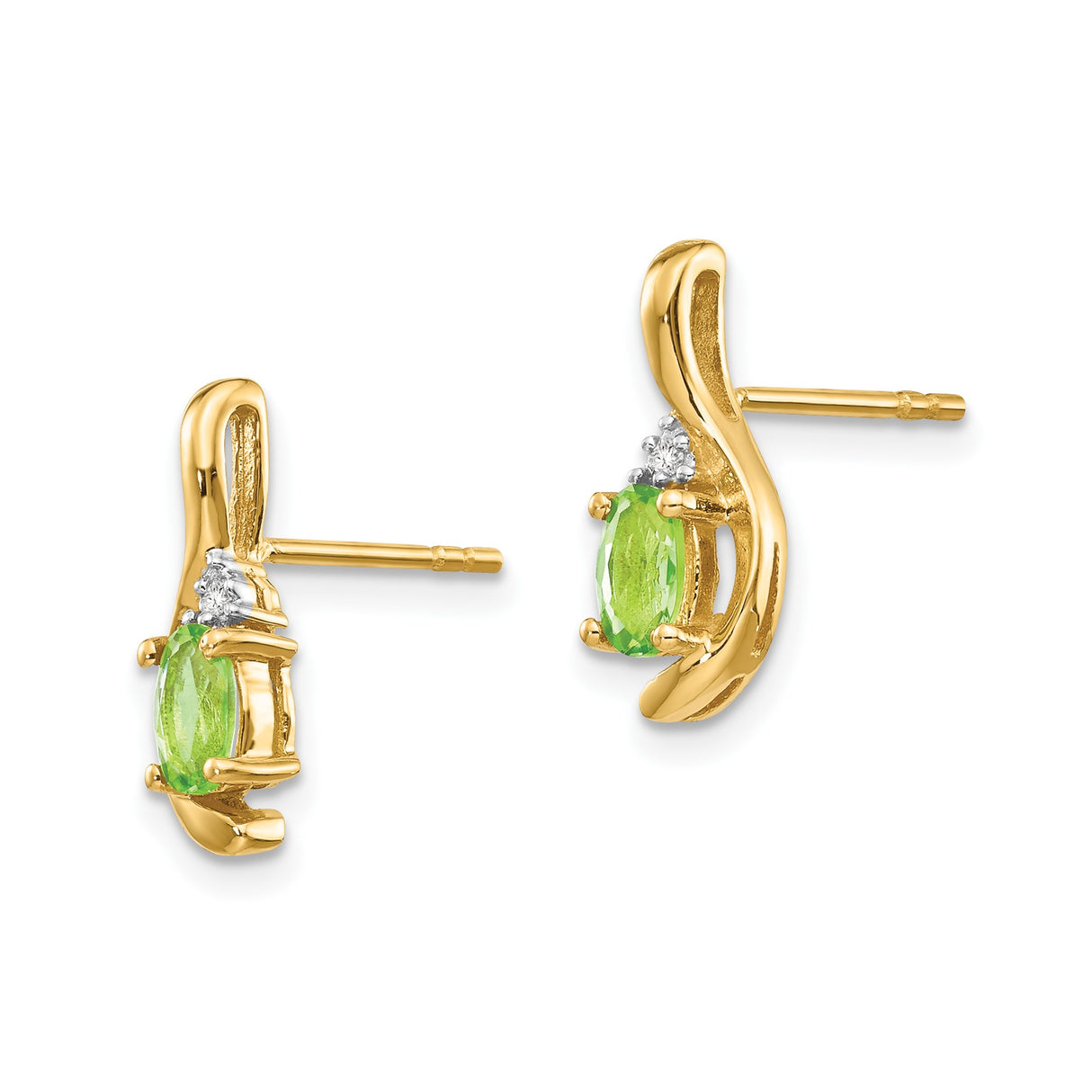 14k Yellow Gold Peridot Stud Earrings with Diamond Accents, Oval Cut, Modern Style
