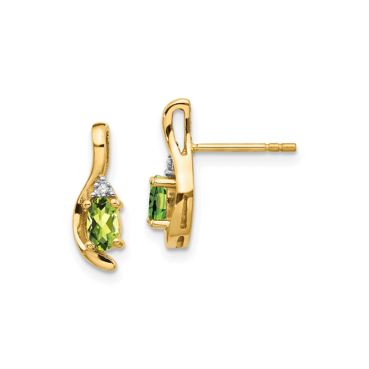 14k Yellow Gold Peridot Stud Earrings with Diamond Accents, Oval Cut, Modern Style