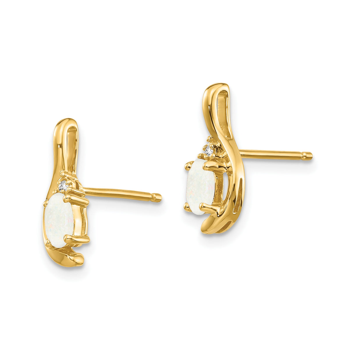 14k Yellow Gold Stud Earrings with Oval White Opal and Diamond Accents, Curved Design for Women