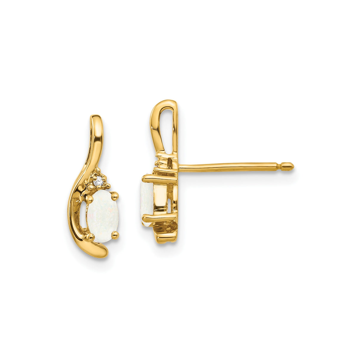14k Yellow Gold Stud Earrings with Oval White Opal and Diamond Accents, Curved Design for Women