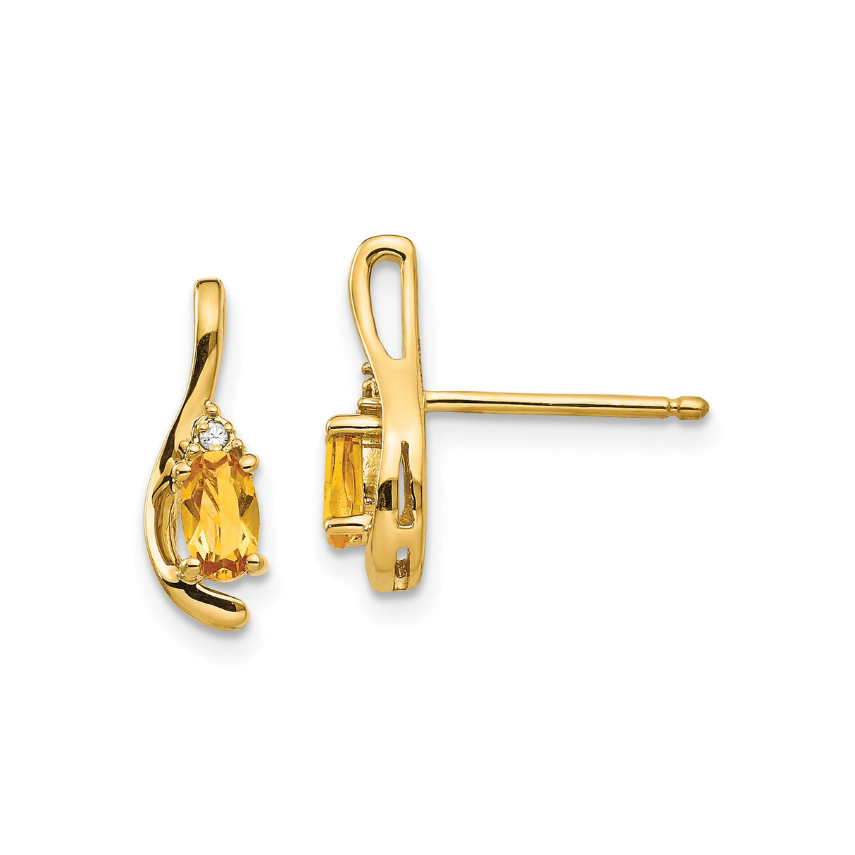 14k Yellow Gold Citrine and Diamond Stud Earrings with Curved Design