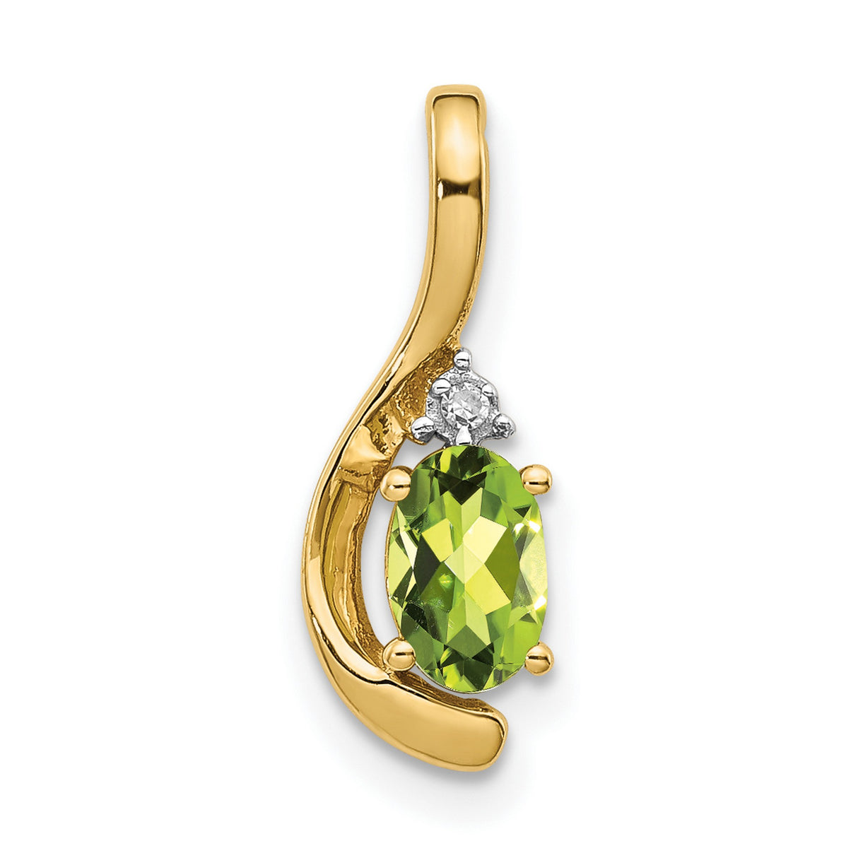 14k Yellow Gold Pendant with Oval Peridot and Diamond Accent, Modern Swirl Design