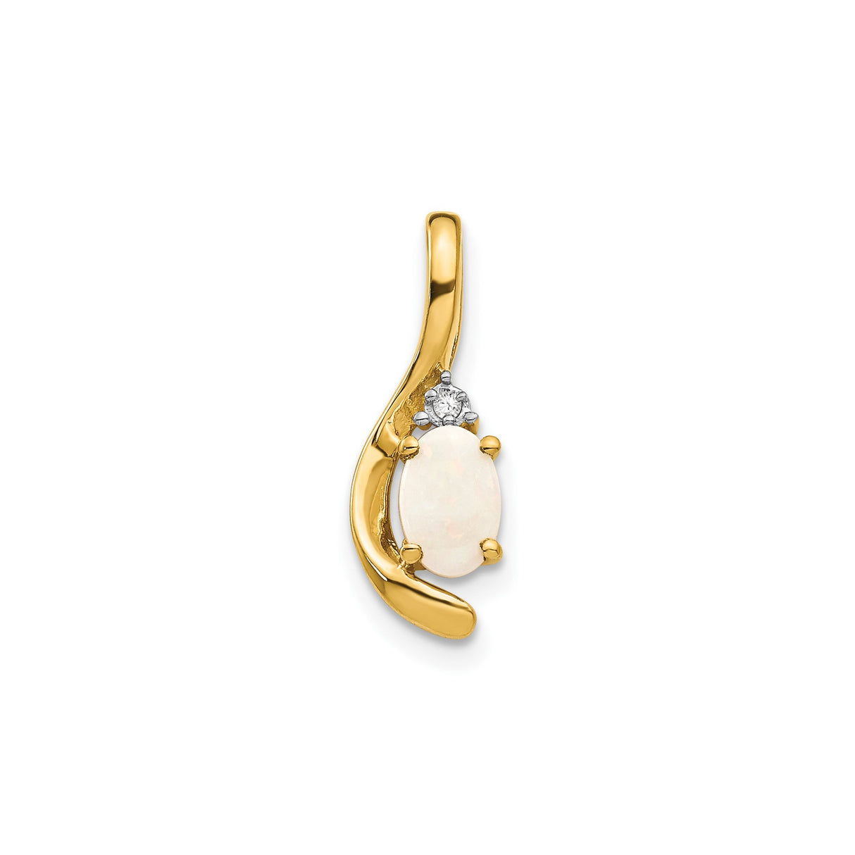 14k Yellow Gold Pendant with Oval White Opal and Diamond Accent, Curved Modern Design