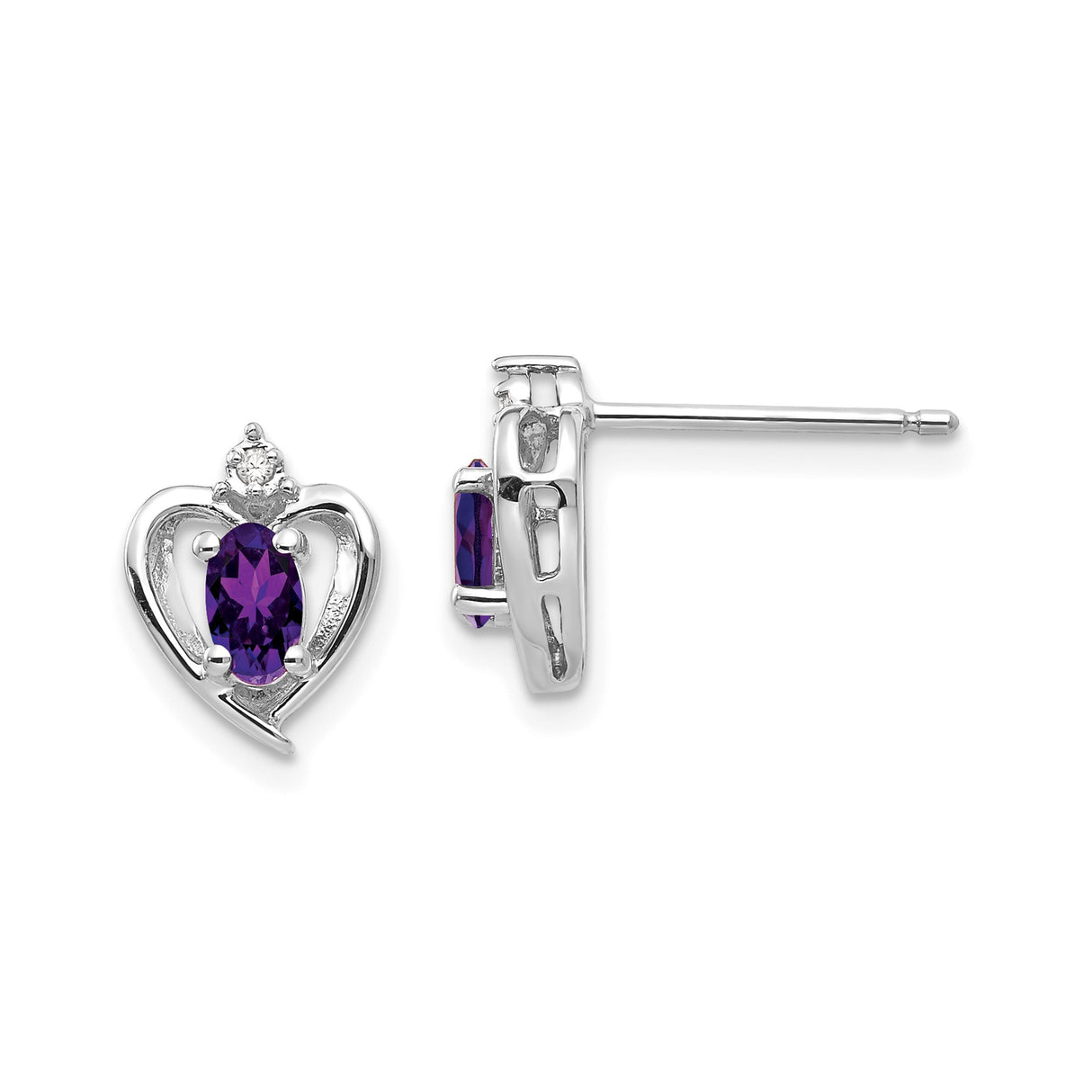 14k White Gold Heart Stud Earrings with Amethyst and Diamond Accent