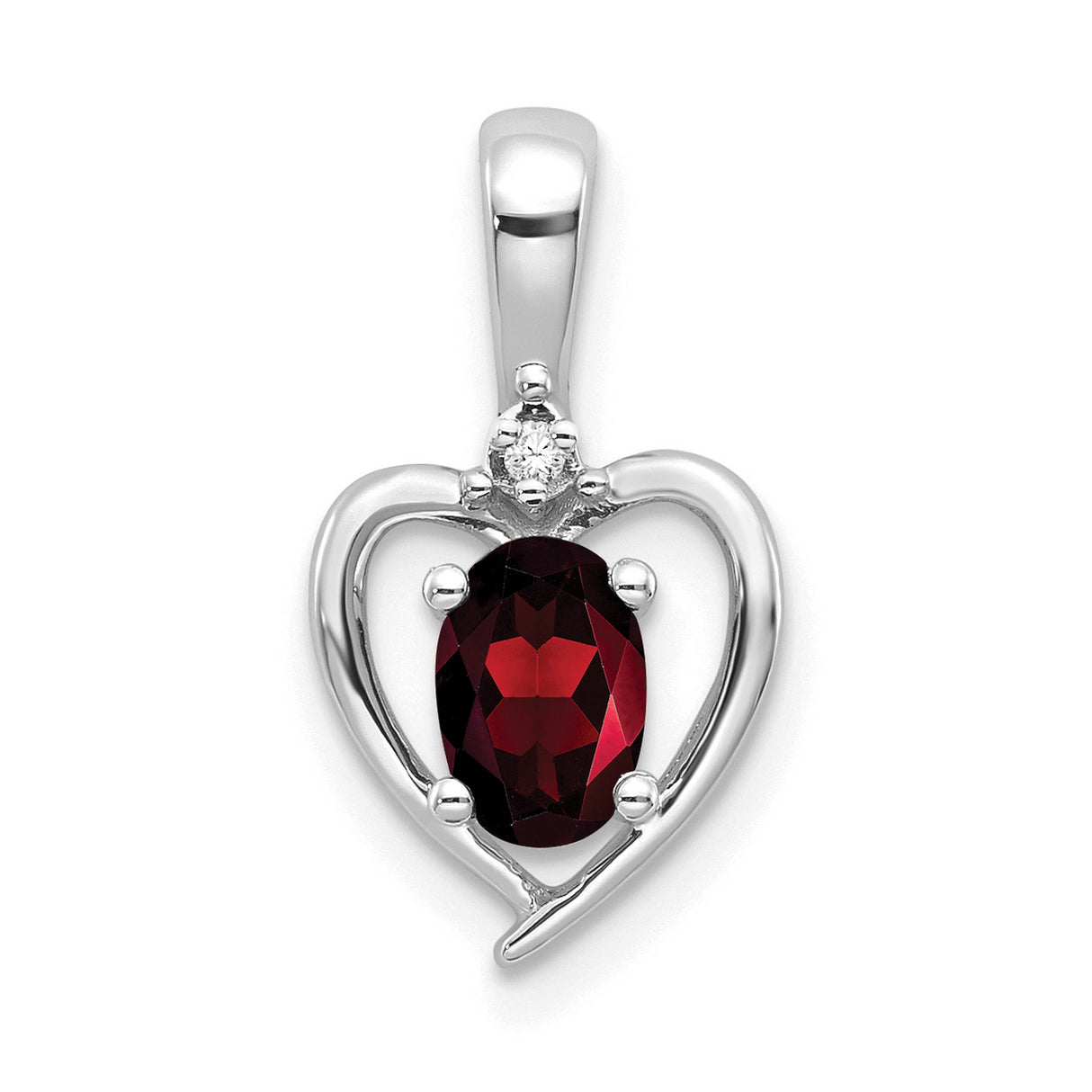 Garnet and Diamond Heart Charm Pendant in Real 14k White Gold